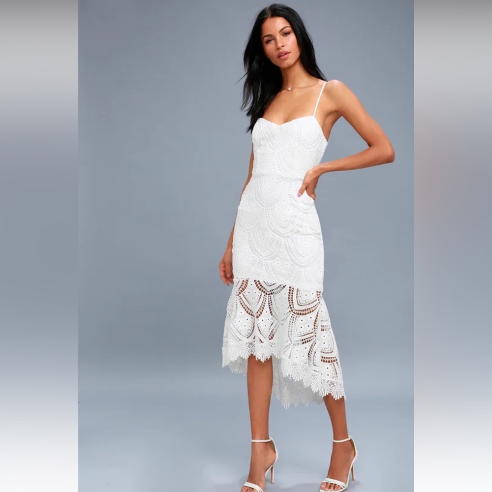 Lulus Pure Passion White Lace Bodycon High Low Midi Dress | S | Like New